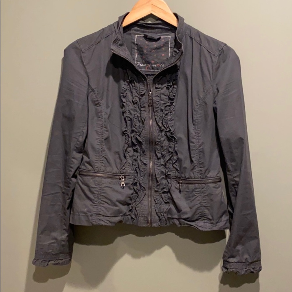 Peace Love Chill Zip Front Ruffle Jacket
